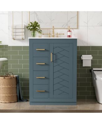 24 Inch Modern Bathroom Vanity with Sink, Solid Wood MDF Cabinet, 3 Soft Close Drawers, Space-Saving Storage