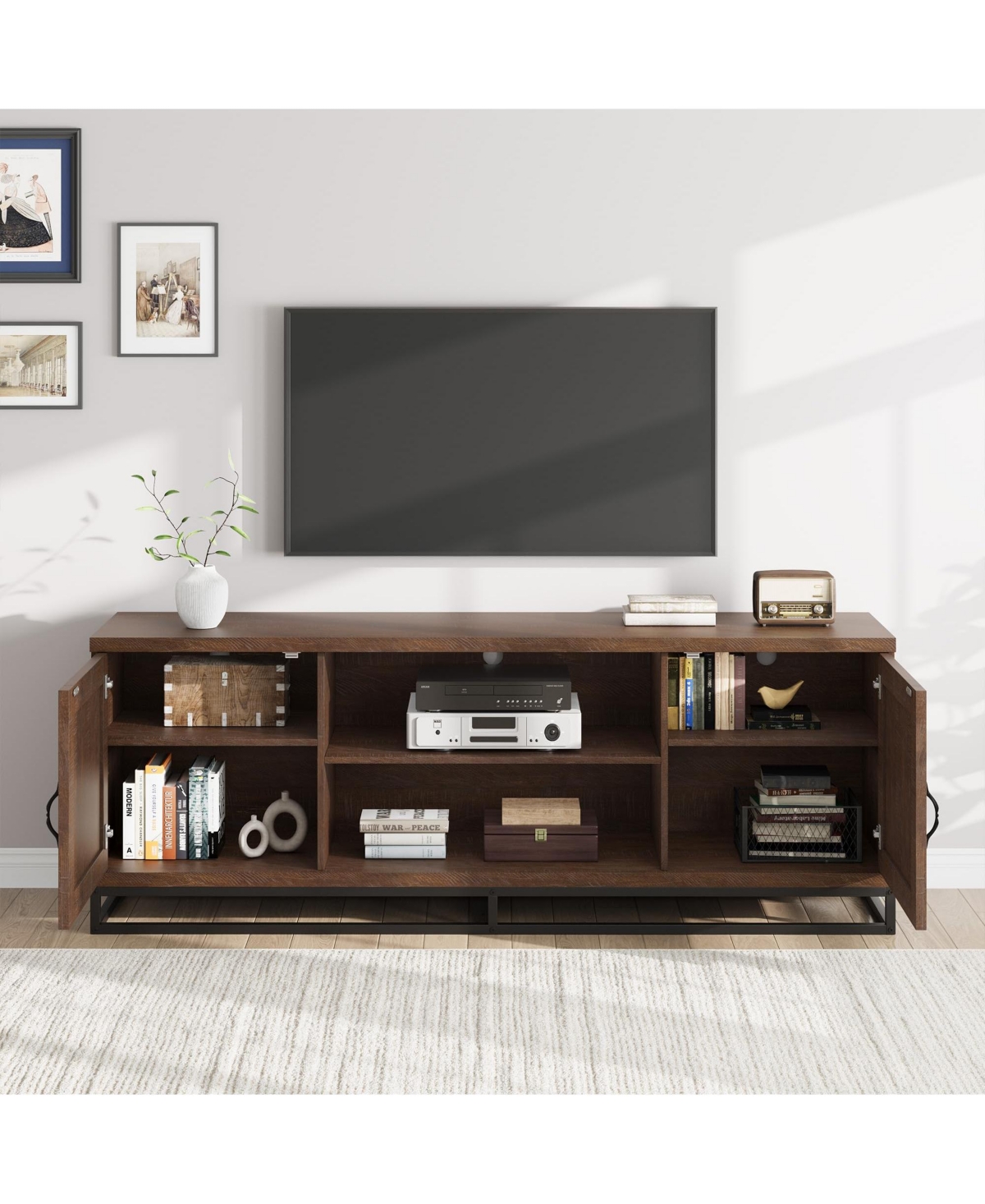 homfan Farmhouse Tv Stand for Living Room, Entertainment Center with 2-Tier Adjustable Shelves and Metal Leg, Console 75 Inch