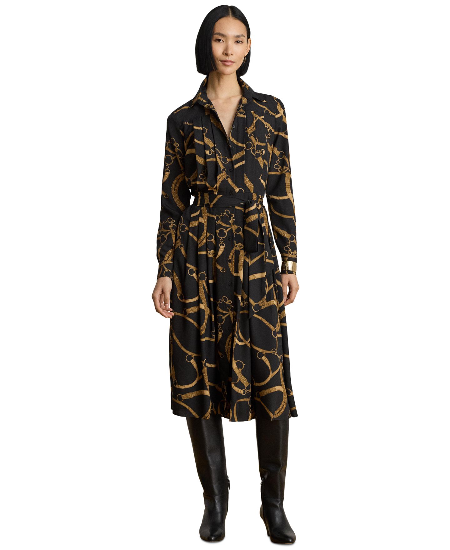 Женское платье Lauren Ralph Lauren Belting Print Pleated Shirt Dress, цвет: Чёрный / Рыжевато-коричневый — фото 1