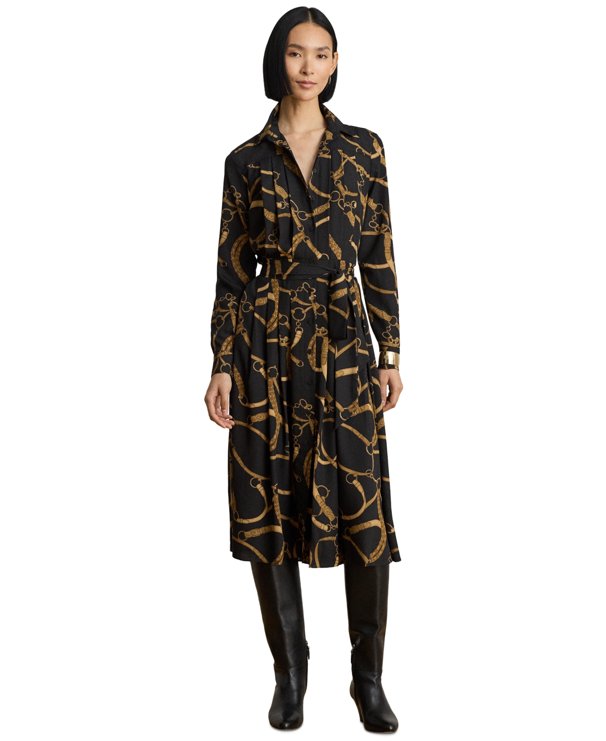 Lauren Ralph Lauren Women's Belting Print Pleated Shirt Dress - Black/tan