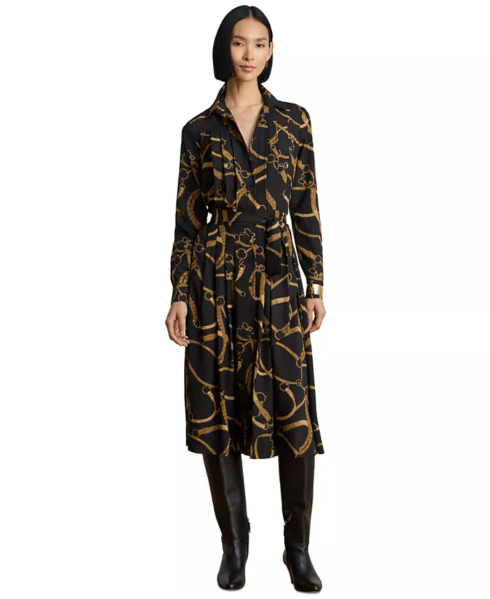 Women's Belting Print Pleated Shirt Dress