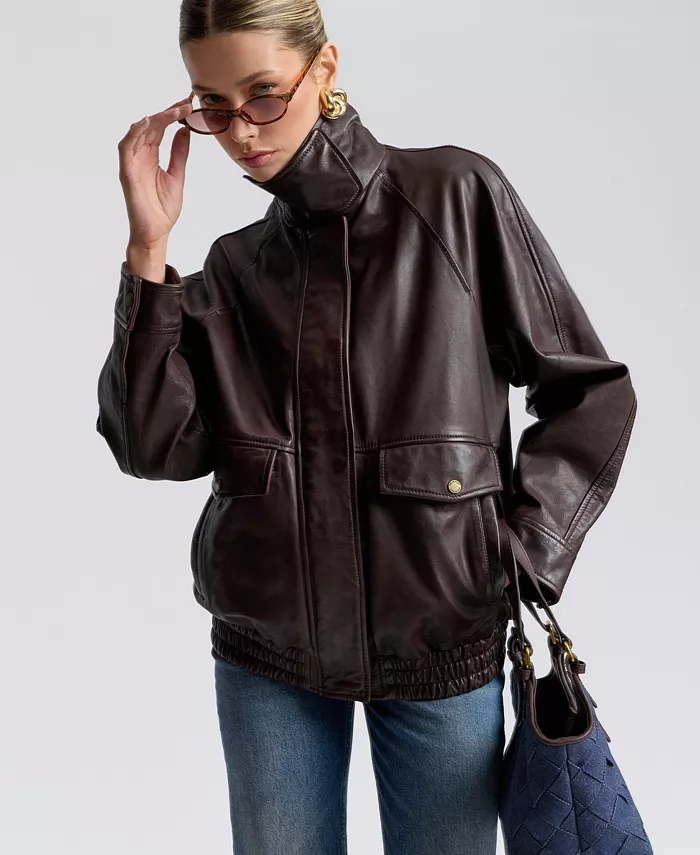 Women's Leather Bomber Coat - thumbnail 8