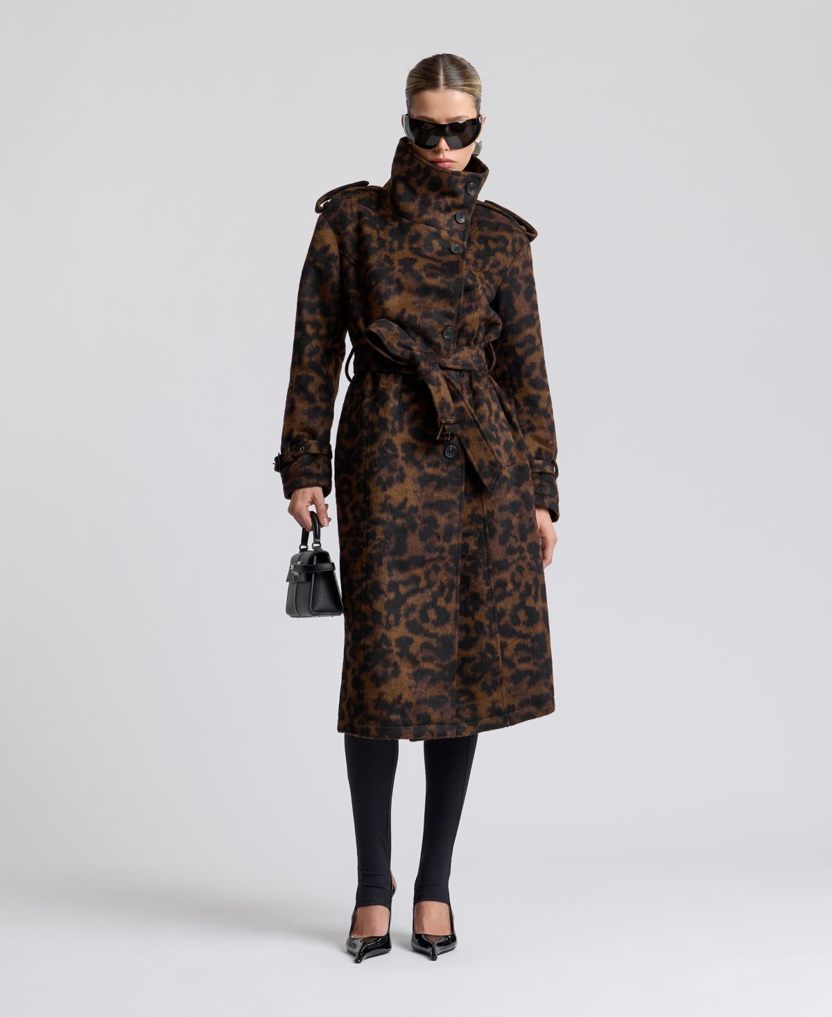 Avec Les Filles Womens Leopard Wool Trench Coat