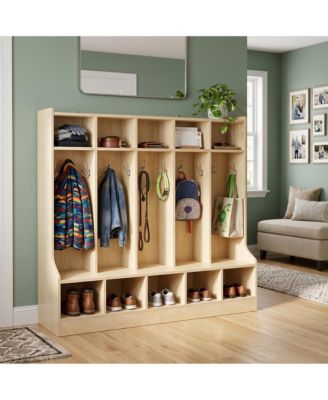 Kids Coat Locker with Bench, 10 Cubbies, 10 Hooks, Storage Organizer, Smooth Wood Finish, Hidden Casters, Ideal for Nursery, Home, Study Room