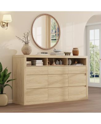 9 Drawer Dresser, Modern Wooden Chest of Drawers with 3 Open Shelves, Dresser for Bedroom, Living Room, Closet Storage