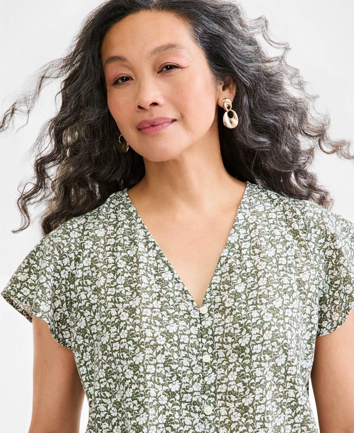 Style & Co Women's Floral-Print Short-Flutter-Sleeve Cotton-Blend Blouse, Macy's Exclusive