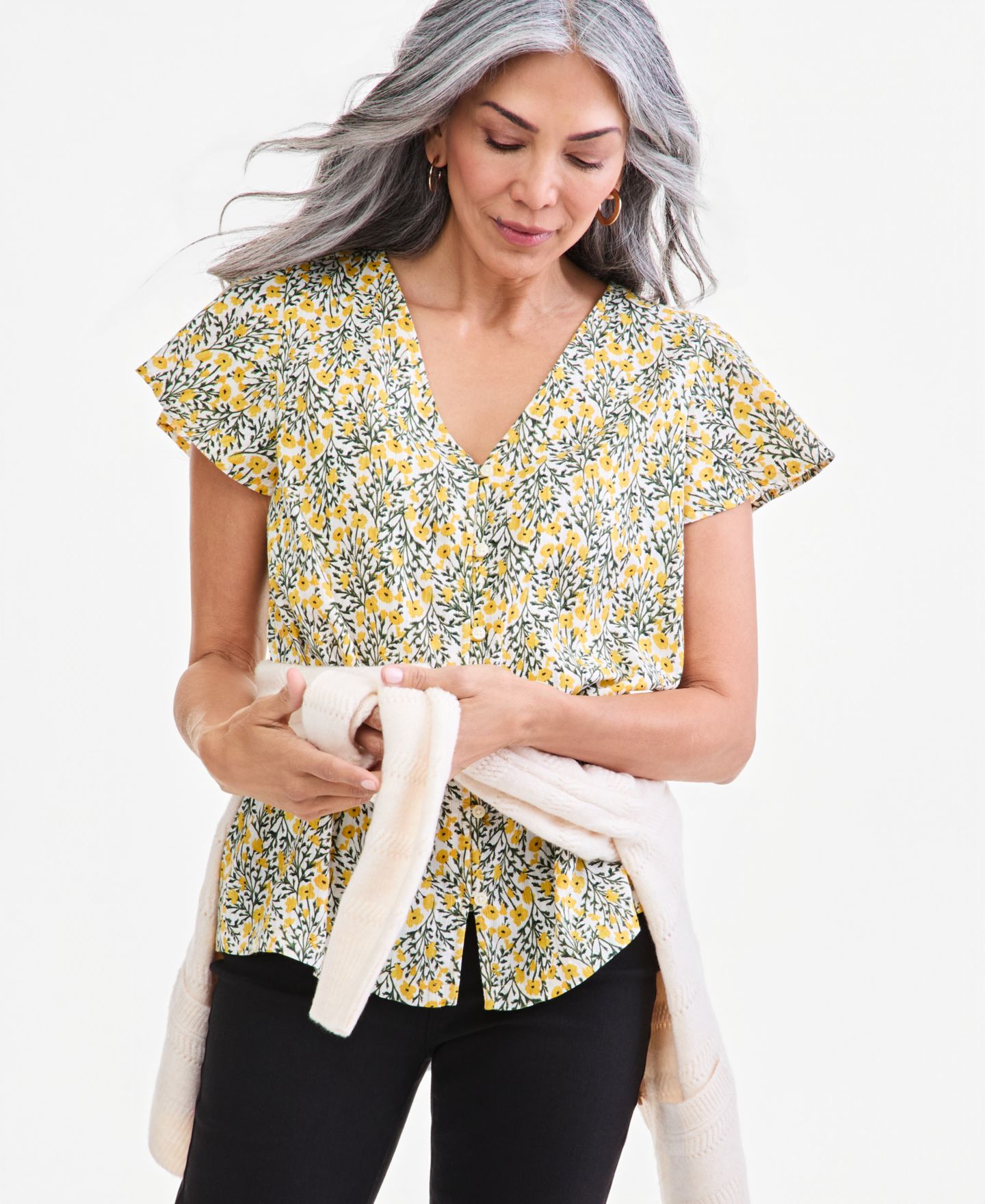Женская блузка Style & Co Printed Short Sleeve Flutter Blouse, цвет: С принтом — фото 4