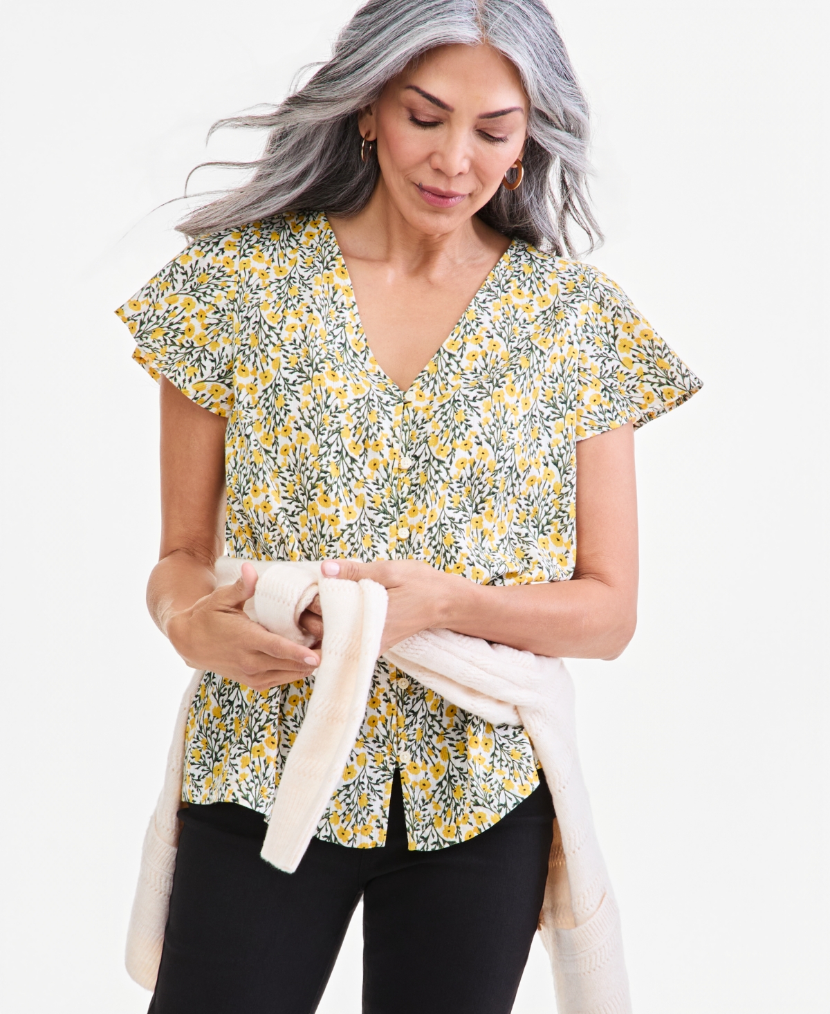 Style & Co Women's Flutter Blouse Floral-Print Short Sleeves, Macy's Exclusive