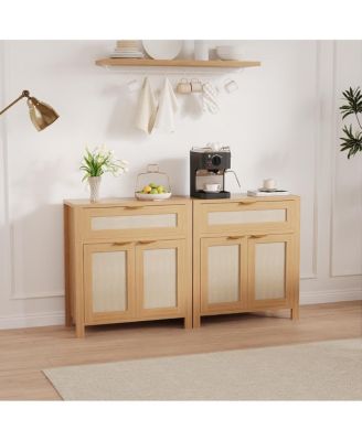 2 Piece Rattan Sideboard Buffet Cabinet - Drawer and Adjustable Shelves, Storage Accent Cabinet for Living Room Entryway Coffee Bar