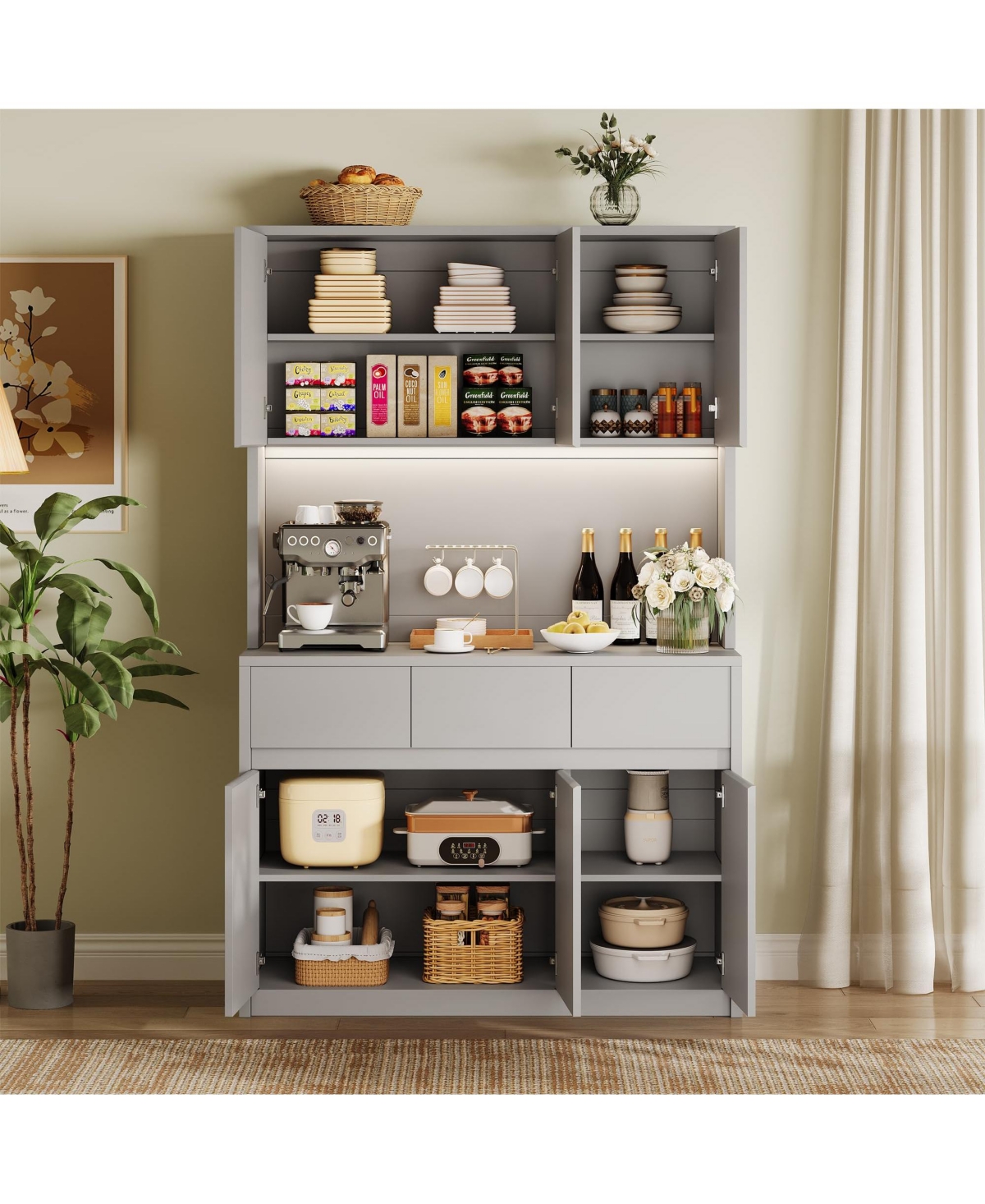 homfan Tall Kitchen Pantry Cabinet with Led Lights and Power Outlets – Adjustable Shelves, Handless Doors, Microwave Stand, Storage Hutch