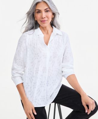 Women's Cotton Jacquard Long-Sleeve Blouse