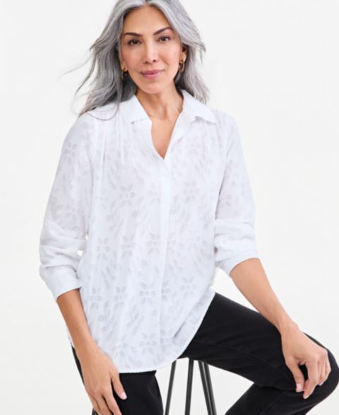 Женская блузка Style & Co Jacaurd Long-Sleeve Popover Blouse, цвет: Яркий белый