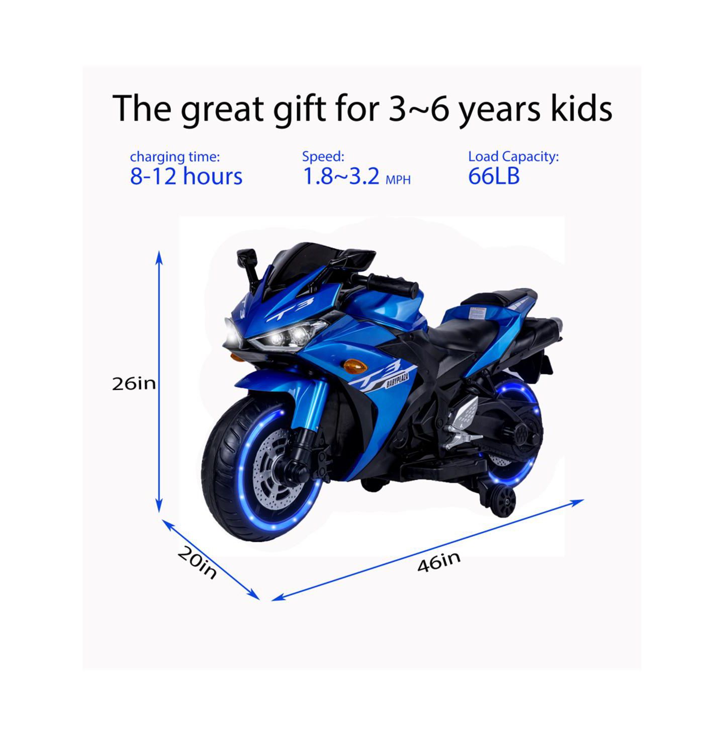 Детская игрушка YOBTOP Kids Motorcycle 12V Manual Throttle Ride-On with Training Wheels, 50–99 lbs, Ages 3–8, цвет: Синий — фото 3