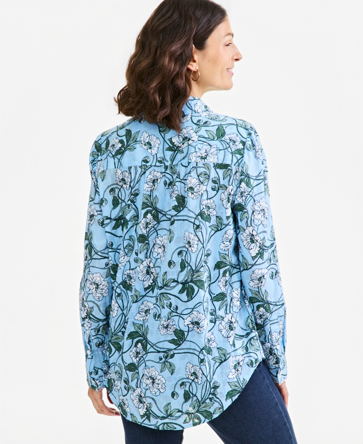 Style & Co Women's Jacquard Popover Floral V-Neck Long-Sleeve Blouse, Macy's Exclusive