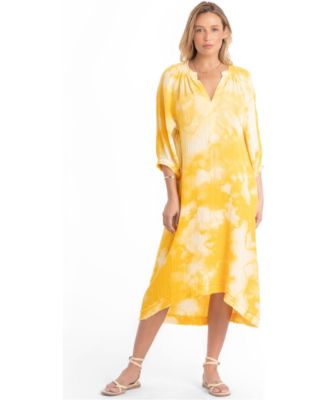 Women's Ocean+main Tie Dye V-Neck Cotton Gauze 3/4 Sleeve Dress with Pockets