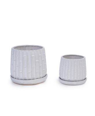 Handmade White Glazed Ceramic Planter Set of 2 - 6" and 8", Bamboo Pattern, Indoor/Outdoor, Breathable Clay