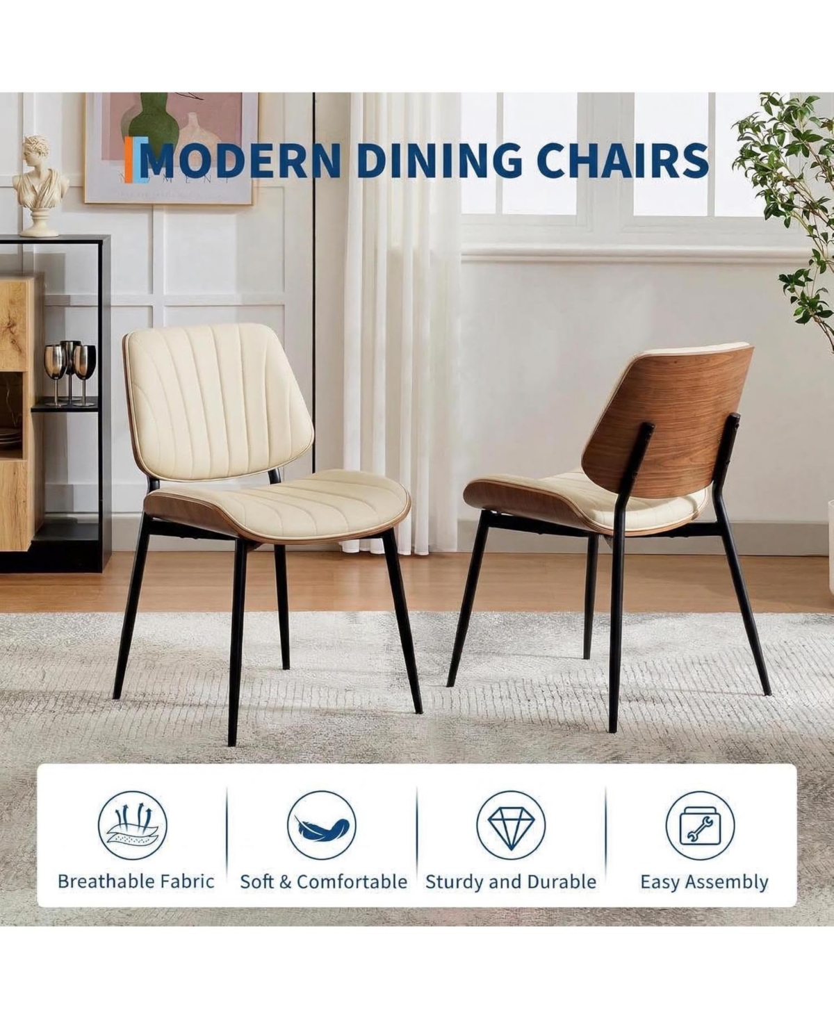 gaomon Dining Chairs Set of 2,Mid-Century Modern Upholstered Retro Pu Leather Kitchen with Walnut Bentwood Back and Metal Legs Adjustable