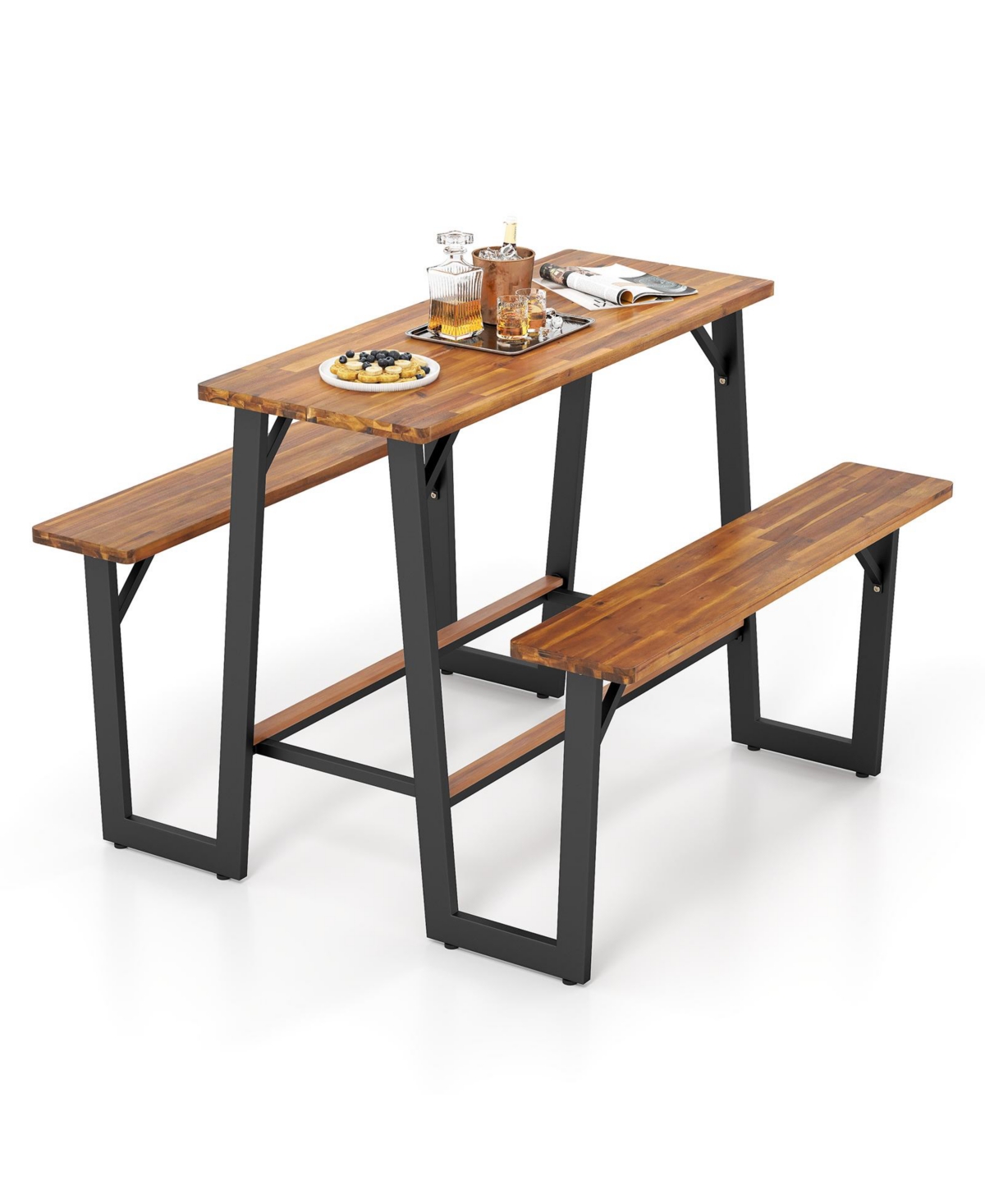Sugift Patio Picnic Table Bench Set with Acacia Wood Tabletop and Benchtop
