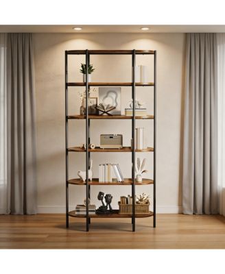 6-Tier Vintage Elliptical Bookshelf, MDF and Metal Support Storage Shelf with Anti-Tip Design, Multi-Purpose Easy Assembly Home Display Rack