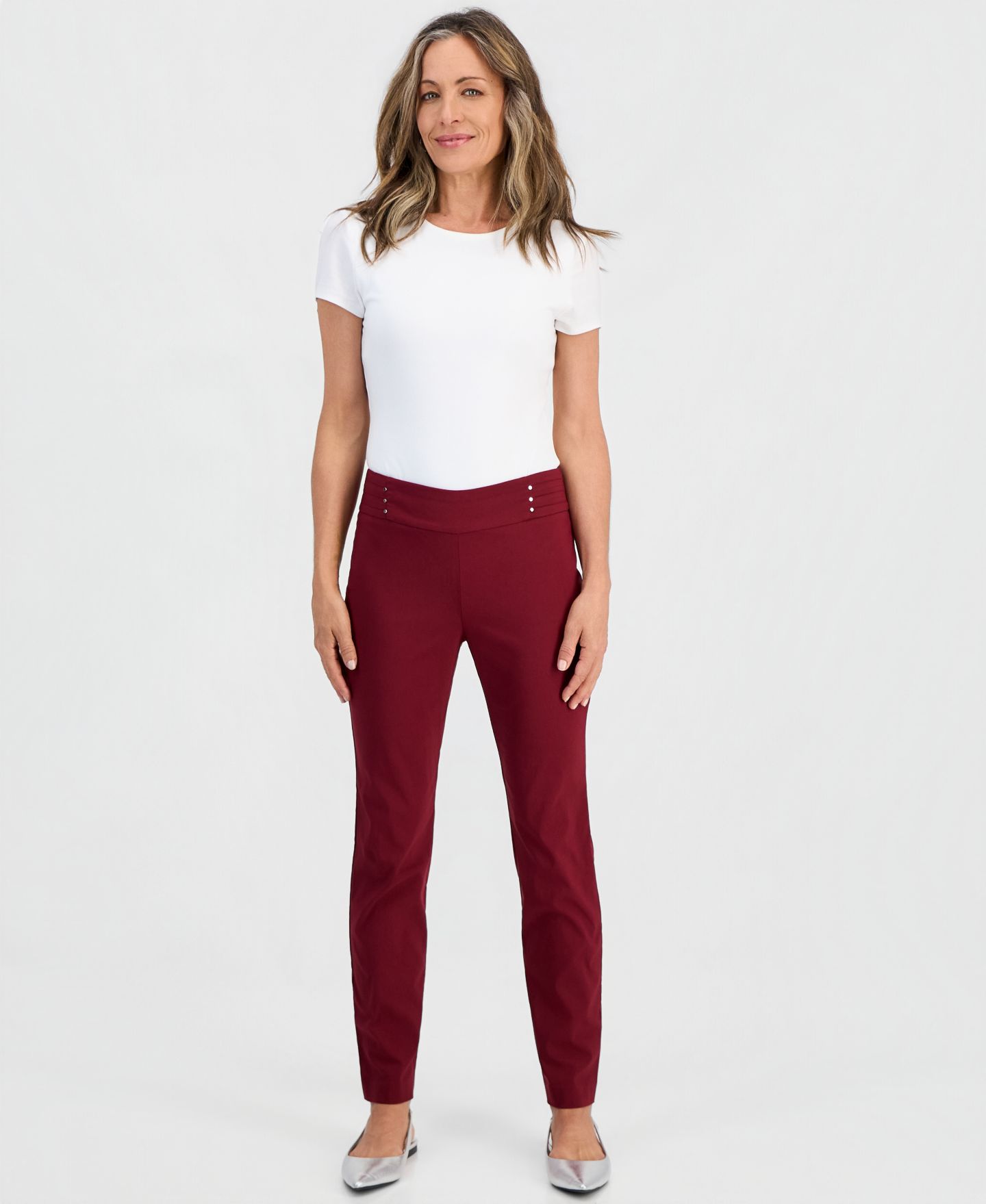 Женские брюки JM Collection Petite Studded-Rivet Slim-Leg Pants, Petite & Petite Short, цвет: Вишнёвый — фото 1