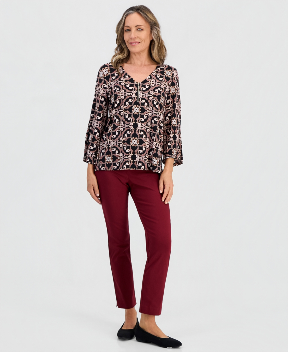 Jm Collection Petite Paisley Scarf V-Neck 3/4-Sleeve Blouse, Created for Macy's