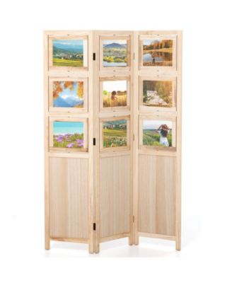 3-Panel Folding Privacy Screen with Swivel Paulownia Wood Photo Frames