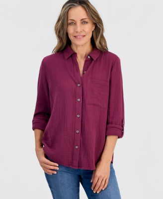 Petite Perfect Button-Front Roll-Tab Cotton Shirt