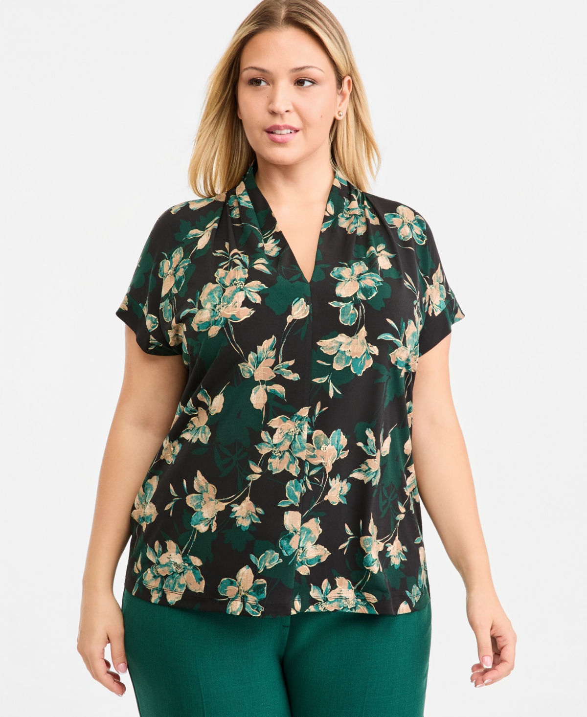 Kasper Plus Size Floral Funnel-Neck Cap-Sleeve Blouse - Evergreen Multi