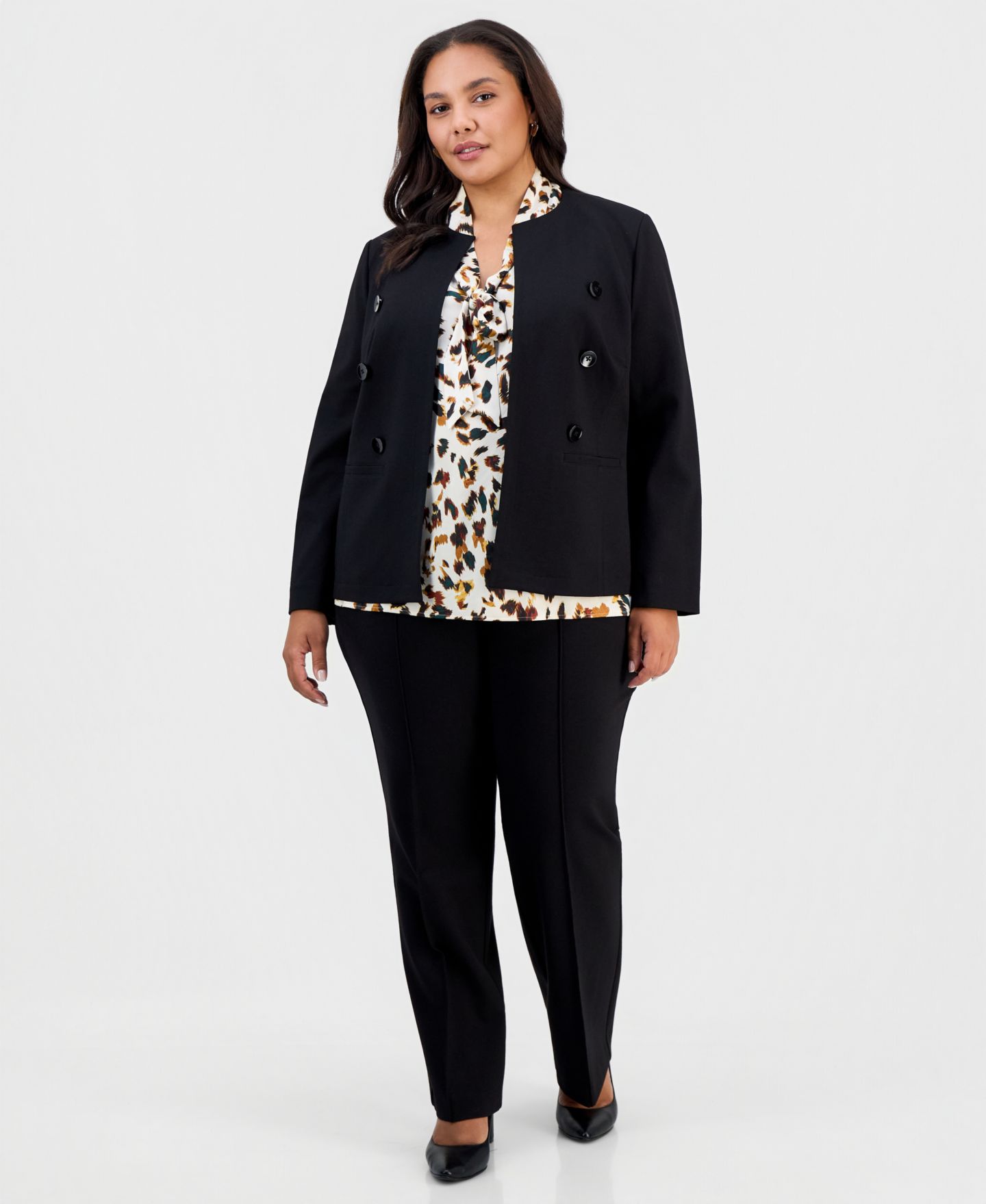 Женский пиджак Kasper Plus Size Double-Breasted Collarless Blazer, цвет: Чёрный — фото 3