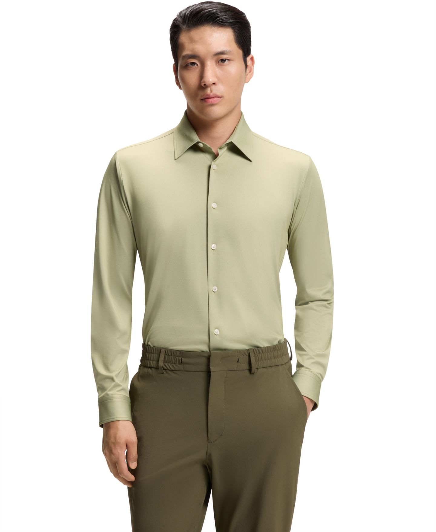 Мужская рубашка Hugo Boss Structured Performance-Stretch Slim-Fit Dress Shirt, цвет: Тёмный бежевый — фото 1