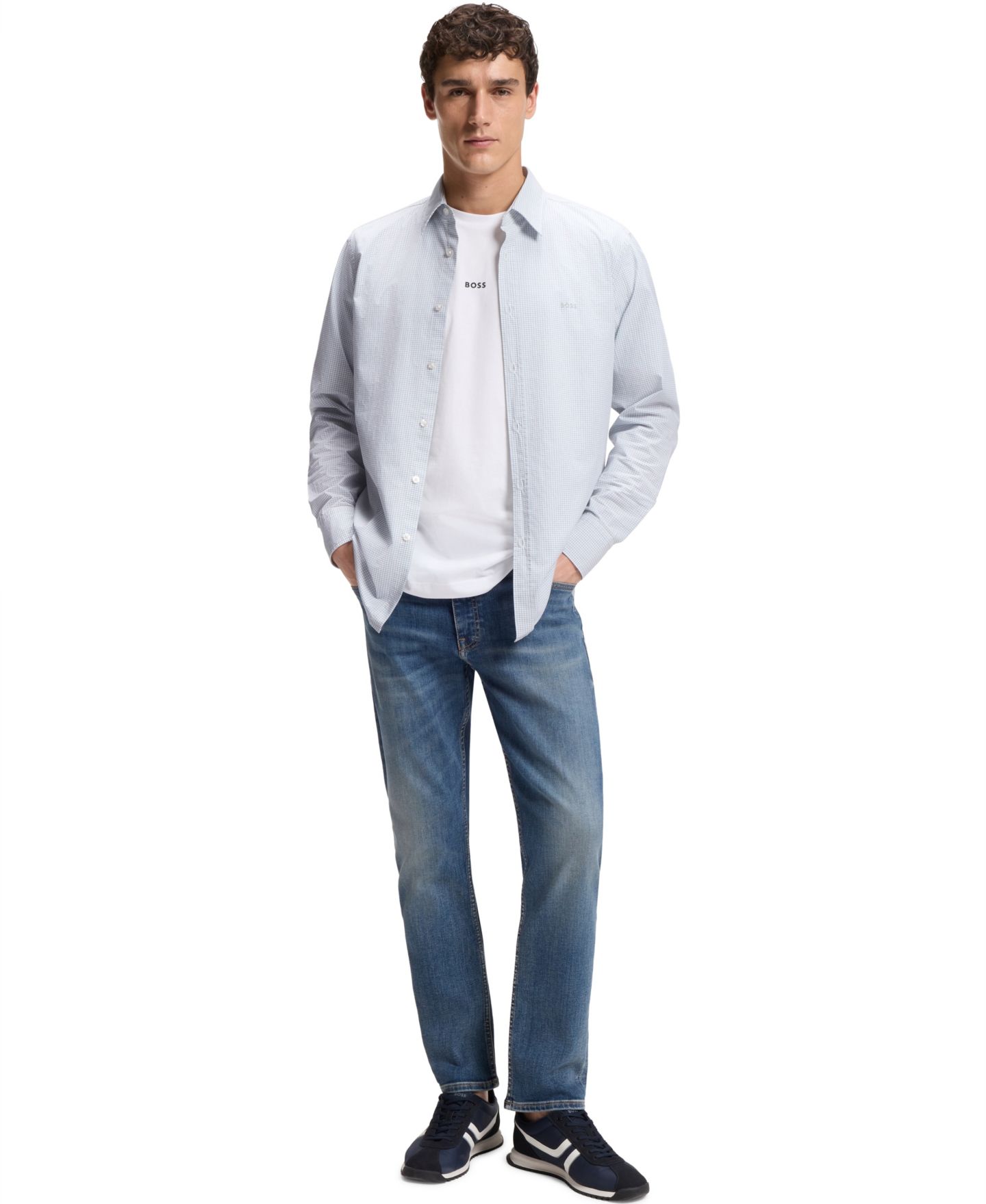 Мужская рубашка Hugo Boss Stretch-Cotton Dobby Regular-Fit Dress Shirt, цвет: Тёмный синий — фото 8