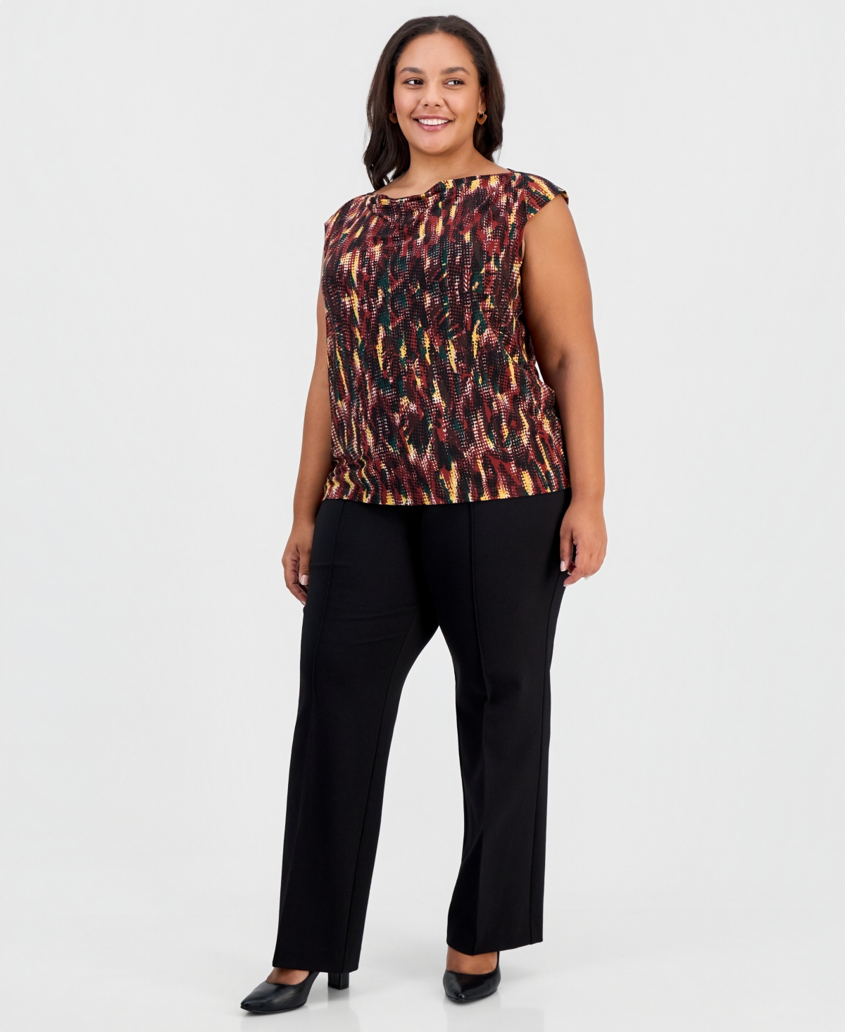 Kasper Plus Cowl Neck Cap Sleeve Draped Front Blouse