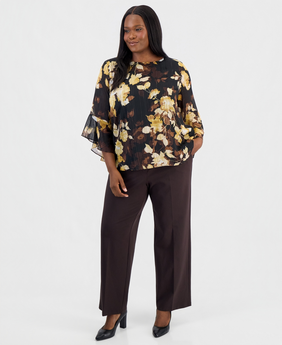 Kasper Plus Floral Ruffled-Sleeve Blouse
