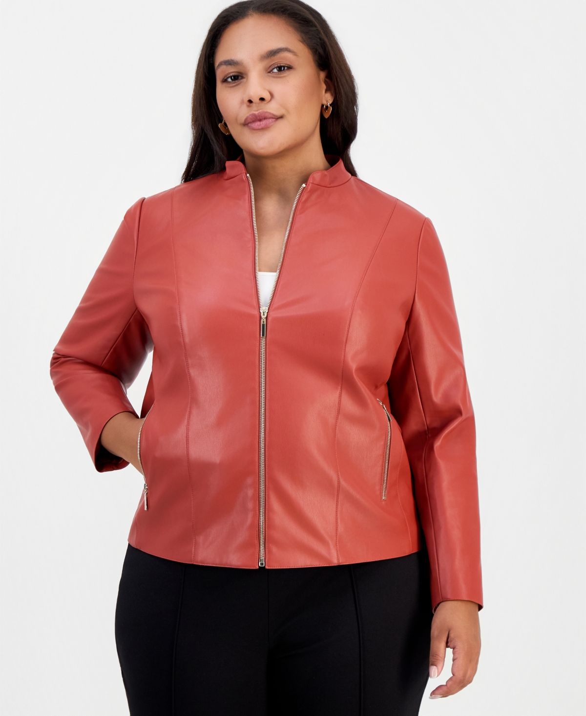 Kasper Plus Size Moto Zip-up Collarless Jacket In Vibrant Sepia