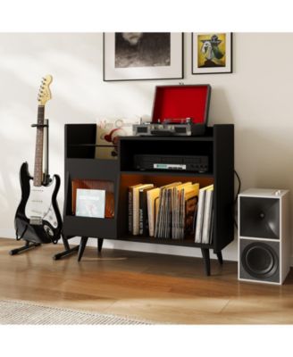 Record Player Stand with LED Lights, Charging Station and Sliding Door, Holds Up to 350 Vinyl Albums
