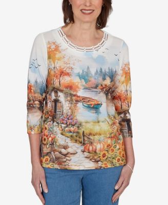 Petite Autumn Lake Scenic Print Top