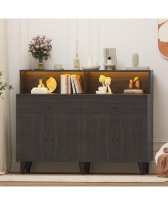 Kitchen Pantry Cabinet with Power Outlets and LED Light Buffet Sideboard with Adjustable Shelves for Dining Room Living Room