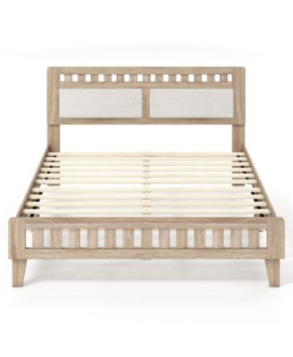 Queen Wood Bed Frame With Upholstered Headboard Solid Wood Leg Wooden Slat Support