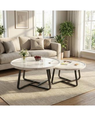 Mid Century Modern Round Nesting Coffee Table Set, 2-Piece Fluted Wood Tables, Metal Frame, Easy Assembly, Ideal for Living Room, Bedroom