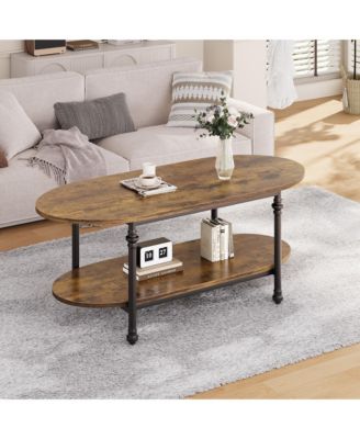 Modern 2-Tier Oval Coffee Table - Fluted Faux Marble Top, Drawer Storage, Metal Frame - Stylish Living Room Center Table for Small Spaces