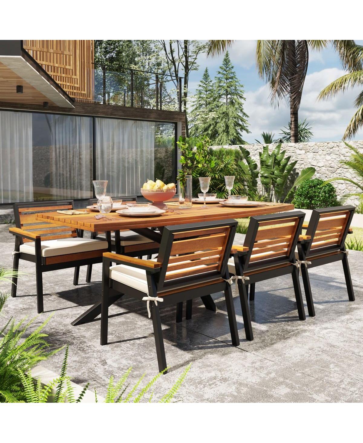 Asagikoiai 7-Piece Modern Acacia Wood Dining Set with Iron Frame and Cushions