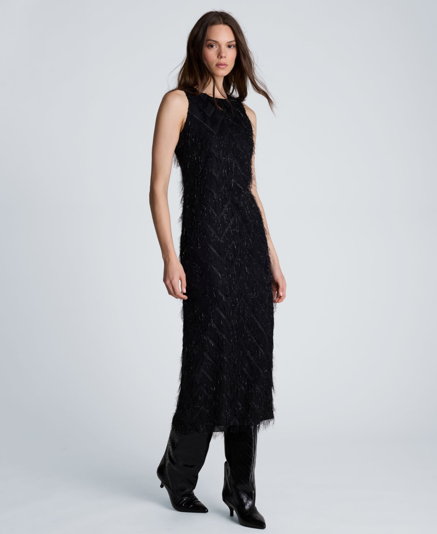 Женское платье Kenneth Cole Sleeveless Novelty Fringed Organza Midi, цвет: Чёрный — фото 3