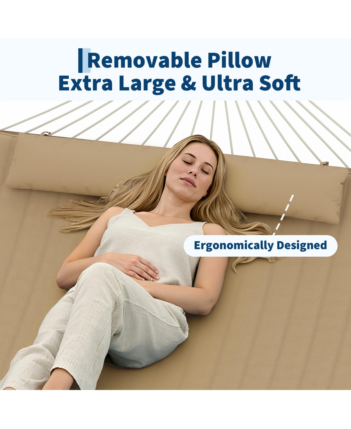 GarveeLife Double Outdoor Hammock Quilted Hammock with Spreader Bar and Removable Pillow Adjustable Steel Frame Cotton Rope and Polyester Pad