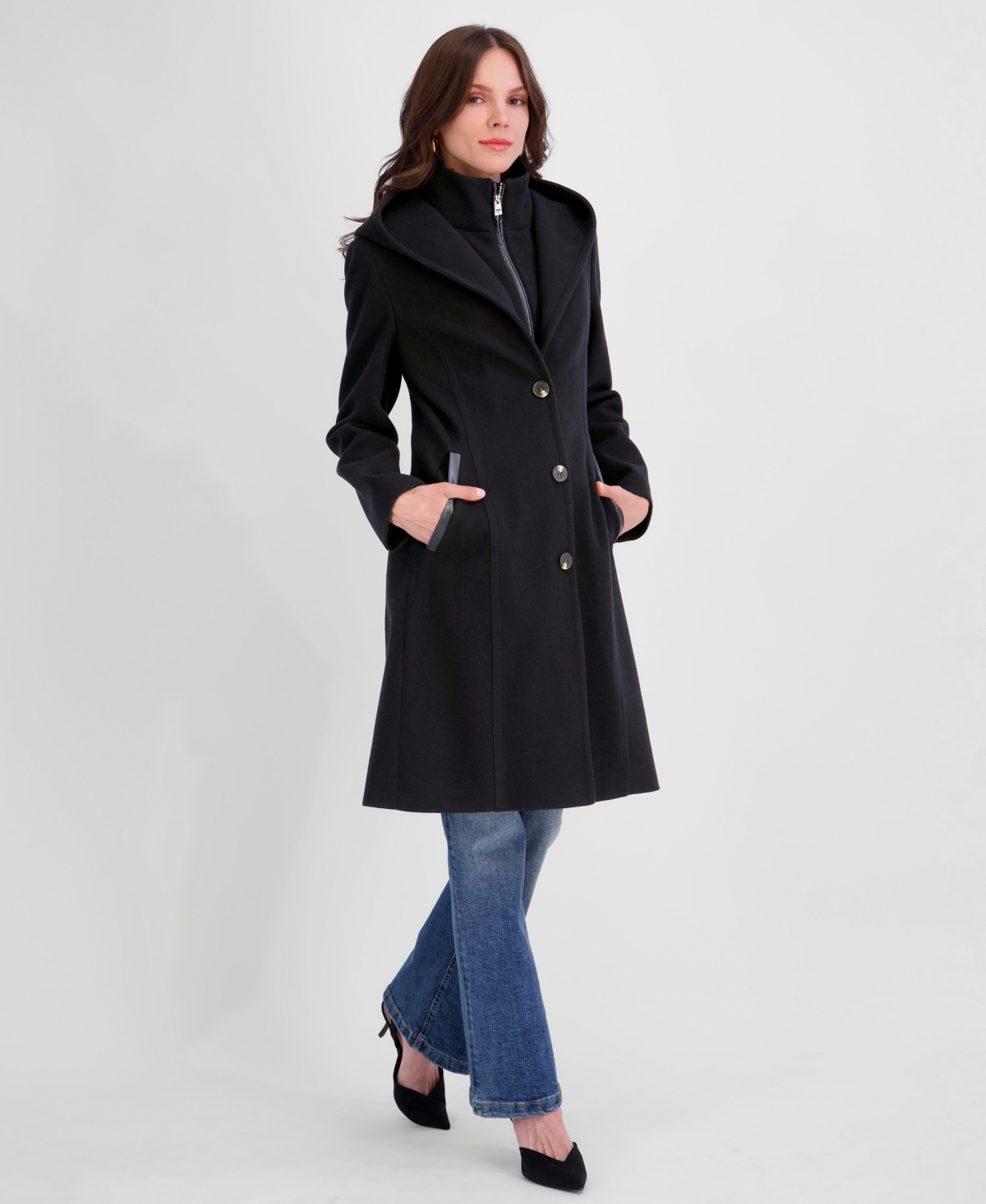 Tahari Women's Bibbed Faux-Leather Trimmed Hooded Coat