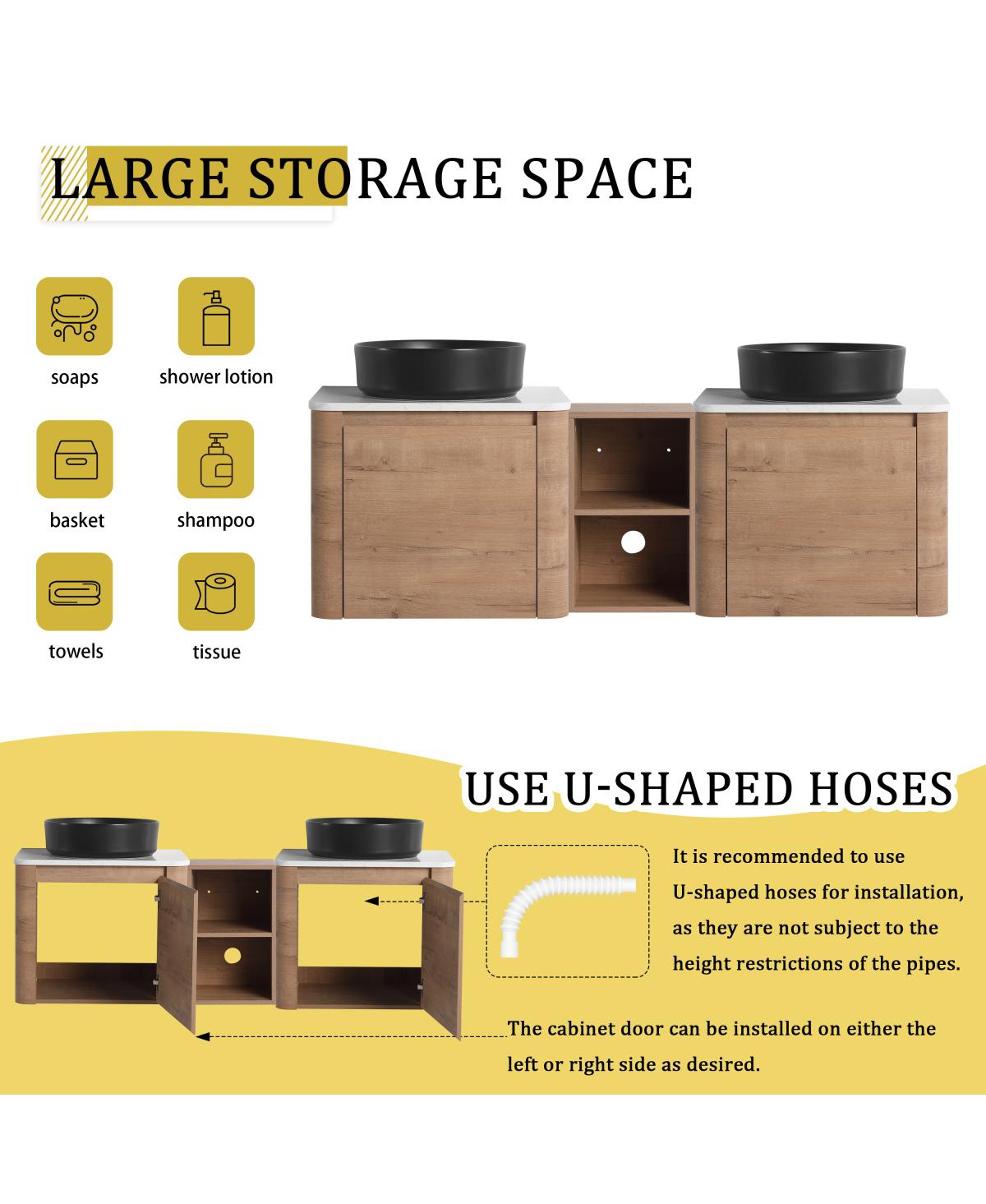 Sillysis Inch Wall Mounted Double Bathroom Vanity with Stone Countertop, Ceramic Vessel Sinks