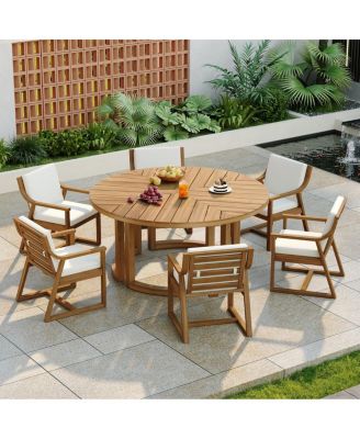 7 Piece Wooden Patio Dining Set with Umbrella Hole and Cushioned Chairs