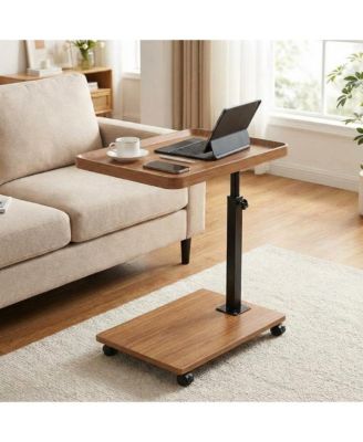 C Shaped End Table with Wheels, 360degree(s)Swivel Sofa Side Table, Wooden Accent TV Tray Table for Living Room and Bedroom, Small Places