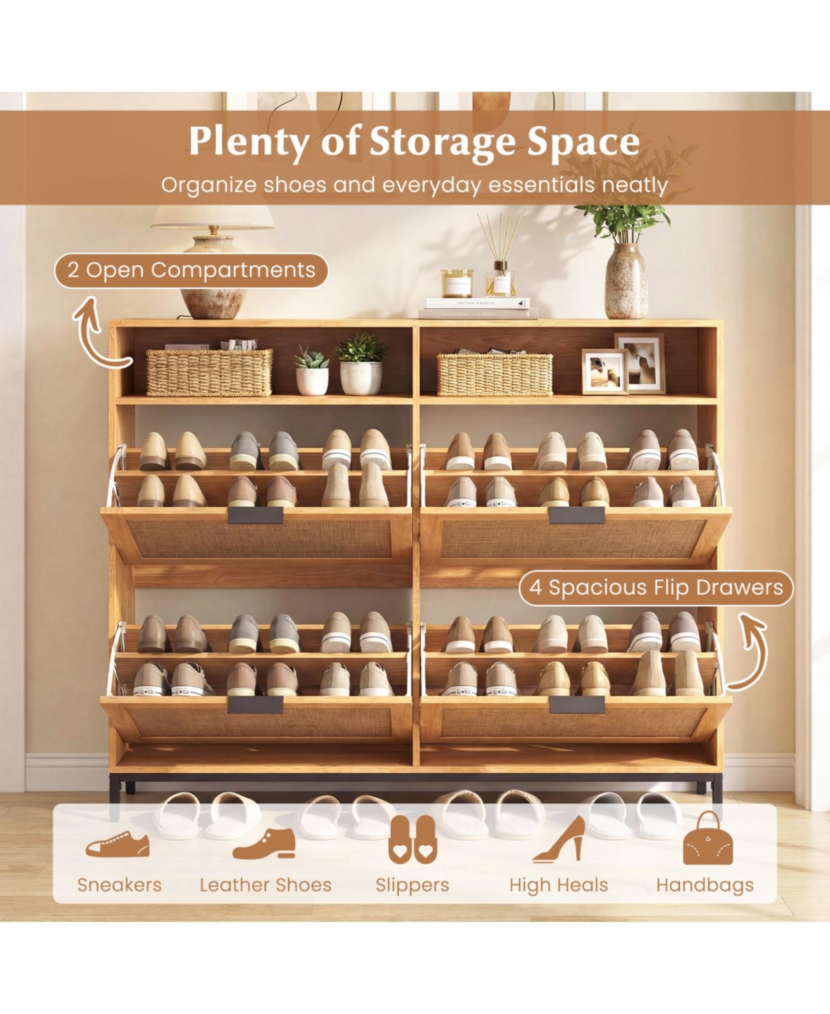 Slickblue Freestanding Shoe Cabinet with Adjustable Shelves and 4 Flip Drawers