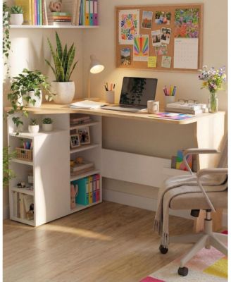 L Shaped Desk with Storage Shelves, Small Corner Desk for Small Spaces, Reversible Oak Wood Finish