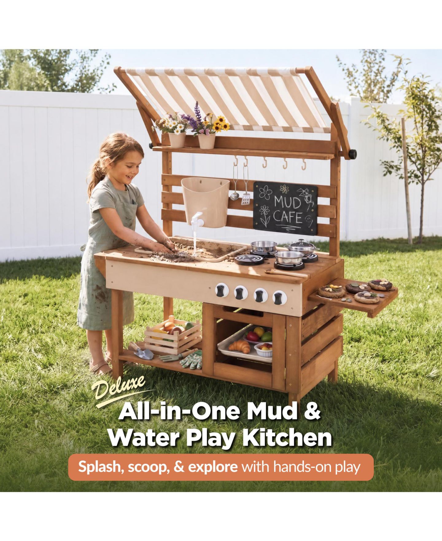Детские игрушки Best Choice Products Deluxe Wooden Outdoor Mud Kitchen for Kids with Canopy, Water Tank, Faucet and 11pc Accessories, цвет: Бежевый — фото 3